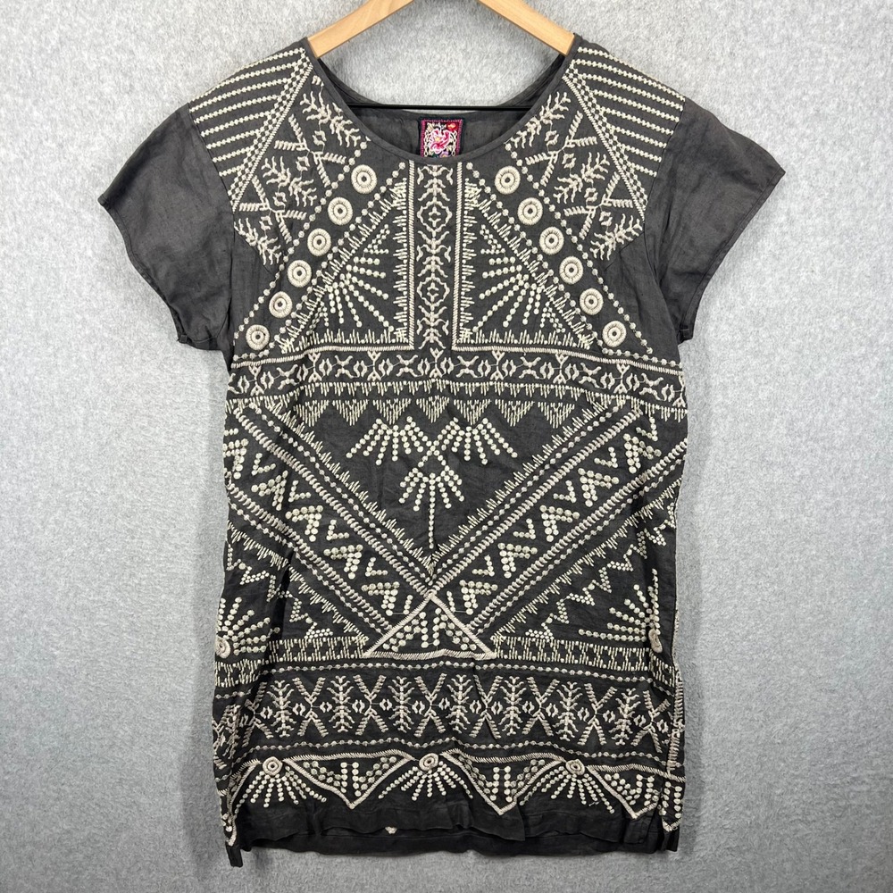 Johnny Was JWLA Linen Dress Womens M Gray Geometric Embroidered Short Sleeve EUC